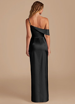 Azazie Lia Bridesmaid Dresses Black Sheath Off the Shoulder Metallic Satin Dress image4