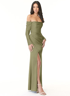Azazie Hallie Bridesmaid Dresses Pistachio Sheath Off-The-Shoulder Long Sleeve Stretch Satin Convertible Dress image5