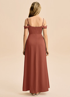 Azazie Lettie Junior Vestido Castanho Aloirado de Cetim elástico de Linha A com Fora do ombro image3