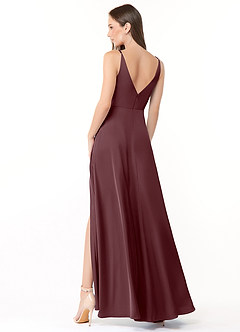 Azazie Dalilah Vestidos de damas de honor Vestido de Sangrado de Satén Elástico de Corte en A con Cuello en V plisado image2