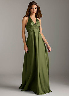 Azazie Tessie Bridesmaid Dresses Olive A-Line Pleated Stretch Satin Dress image1