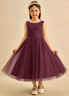 Azazie Macaron Robe Demoiselle D'honneur Fillette Robe Trapèze en Tulle Plissée Cabernet image3