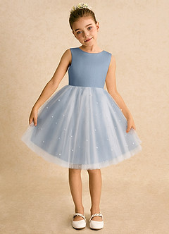 Azazie Esme Blumenmädchenkleider Ballkleid Schleifen Tüll Kleid Staubblau image6