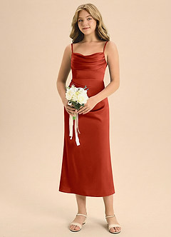 Azazie Mai Junior Osłona Pofałdowany Satyna elastyczna Długość herbaty Młodsza druhna Sukienka image4