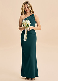 Azazie Akilah Junior Robe Fourreau en Satin extensible Plissée Vert Pin image4