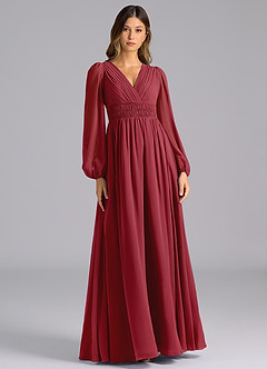 Azazie Palerma Bridesmaid Dresses Pomegranate A-Line Long Sleeve Chiffon Dress image1