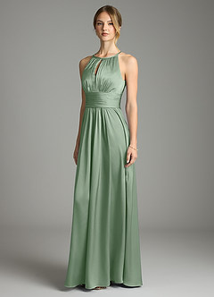 Azazie Bonnie Bridesmaid Dresses Matcha A-Line Pleated Stretch Satin Dress image1