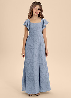Azazie Bondi Junior Vestido de Azul Polvoriento de Devorado Floral de Corte En A con Lazo image5