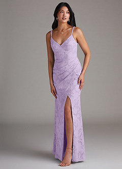 Azazie Leo Bridesmaid Dresses Lilac Sheath Pleated Floral Burnout Dress image3
