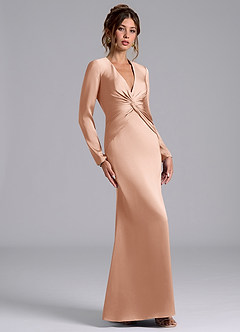 Azazie Valerie Bridesmaid Dresses Rose Gold Mermaid Long Sleeve Stretch Satin Dress image4