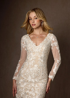 Azazie Dulce Amor Vestidos de novia Vestido de Blanco Diamante Nude de Tul de Corte Sirena con Encaje Cuello V image8