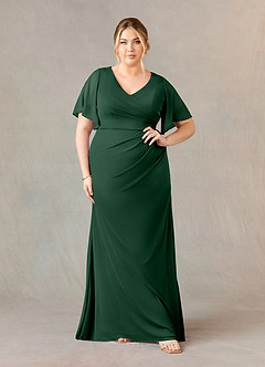 Azazie Selah Mère de la mariée Robes Robe Trapèze en Maille Col en V froncé Vert Foncé image6