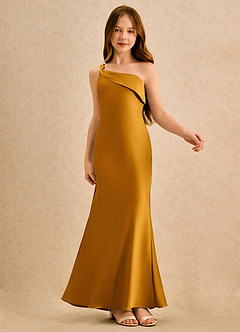 Azazie Almond Girls Formal Sukienki dla dziewczynek sypiących kwiaty Osłona Jedno ramię Satyna elastyczna Długość podłogi Sukienka image6