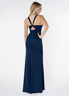 Azazie Mero Bridesmaid Dresses Dark Navy Sheath Pleated Stretch Satin Dress image3