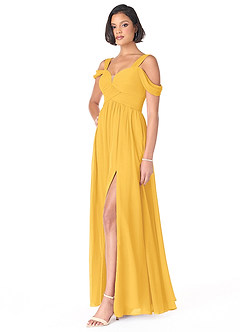 Azazie Lianne Bridesmaid Dresses Marigold A-Line Off the Shoulder Chiffon Dress image3