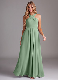 Azazie Dixie Vestidos de damas de honor Vestido de Matcha de Gasa de Corte en A con Halter Plisado image3