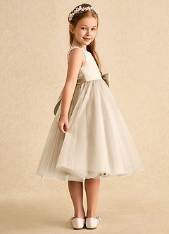 Azazie Twinsie Flower Girl Dresses Champagne A-Line Bow Tulle Dress image4