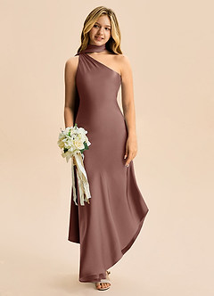 Azazie Briony Junior Etui Plissee Stretch-Satin Kleid Espresso image1