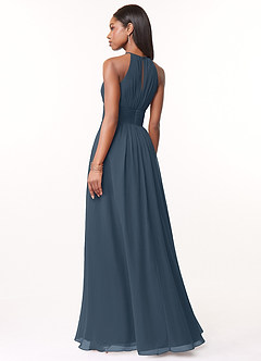 Azazie Bonnie Brautjungfernkleider A-Linie Schlüsselloch Gerüscht Chiffon Kleid Neptunblau image2