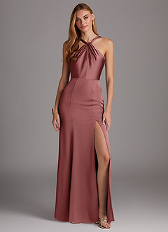 Azazie Elana Bridesmaid Dresses Amethyst Sheath Side Slit Stretch Satin Dress image1