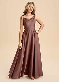 Azazie Popsy Junior Espresso A-Line Bow Stretch Satin Dress image8