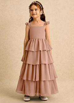 Azazie Boba vestidos de niña de las flores Vestido de Champán Rosado de Gasa de Corte En A con Escote Cuadrado image4