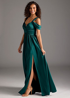 Azazie Lianne Bridesmaid Dresses Peacock A-Line Off the Shoulder Stretch Satin Dress image7