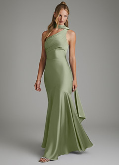 Azazie Amara Vestidos de damas de honor Vestido Pistacho de Satén Elástico de Corte Sirena con Un hombro image5
