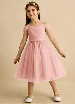 Azazie Lila Girls Formal Robe Demoiselle D'honneur Fillette Robe Trapèze en Tulle Épaule décolletée Rosette image3