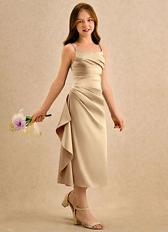 Azazie Canna Girls Formal Blomsterpigekjoler A-Line Plisseret Stræk satin Te-længde Kjole image3