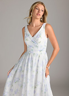 Azazie Keyla Bridesmaid Dresses Blue Vintage Floral A-Line V-Neck Pleated Chiffon Dress image6
