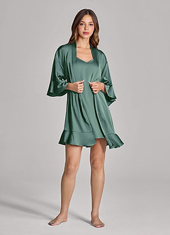 front Matching Color 2-Piece Ruffle Satin Robe and Slip Set