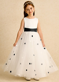 Azazie Cricket Flower Girl Dresses Ivory Black Ball-Gown Pleated Matte Satin Dress image4