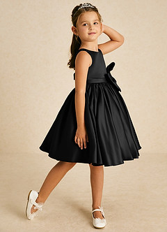 Azazie Apple Flower Girl Dresses Black A-Line Bow Matte Satin Dress image3