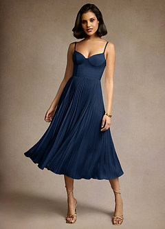Dulcie Navy Pleated Midi Dress Ready to Ship | Azazie DE