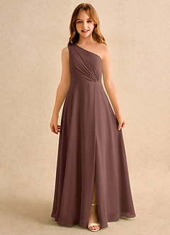 Azazie Puddles Junior Formal Robe Demoiselle D'honneur Fillette Robe Trapèze en Mousseline de soie Une épaule Expresso image6