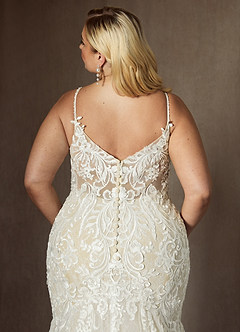 Azazie Camlynn Wedding Dresses Diamond White Champagne Mermaid V-Neck Sequins Tulle Dress image13