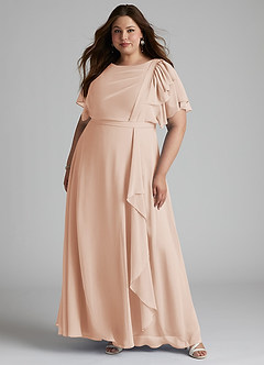 Azazie Aaliyah Bescheiden Bruidsmeisjekleding A-Lijn Bocht Gevouwen Chiffon Vloerlengte Jurk image6