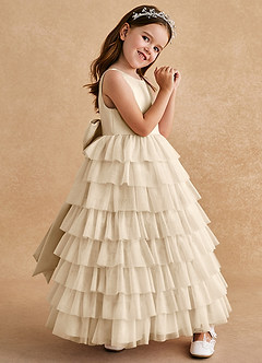 Azazie Twinkle Toes Flower Girl Dresses Champagne A-Line Bow Tulle Dress image3