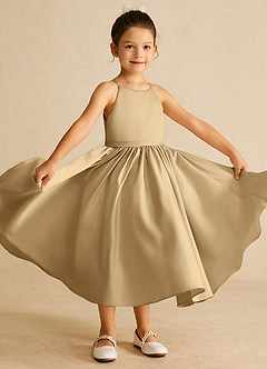 Azazie Sunray Flower Girl Dresses Gold A-Line Spaghetti Strap Matte Satin Dress image2
