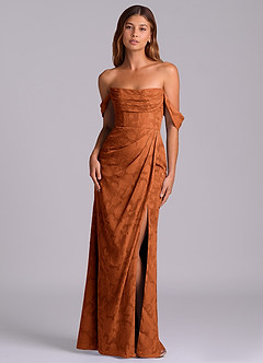 Azazie Johana Bridesmaid Dresses Burnt Orange Mermaid Off the Shoulder Floral Burnout Convertible Dress image1