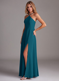 Azazie Bailey Brautjungfernkleider A-Linie Halter Seitenschlitz Chiffon Kleid Tintenblau image3