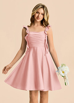 Azazie Kira Junior Powder Pink A-Line Ruched Stretch Satin Dress image1