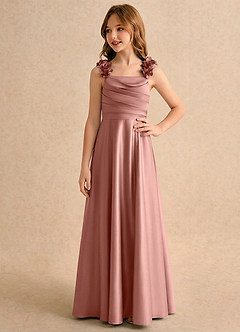 Azazie Rosita Girls Formal Blomsterpigekjoler A-Line Plisseret Stræk satin Gulv-længde Kjole image4