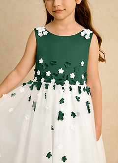 Azazie Eleni Blumenmädchenkleider Ballkleid Schleifen Tüll Kleid Elfenbein Dunkelgrün image7