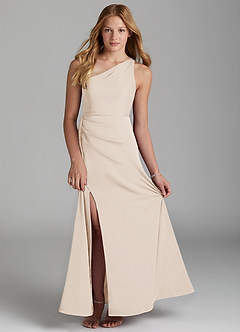 Azazie Maron Junior White Alabaster A-Line Pleated Stretch Satin Dress image1