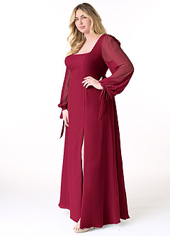Azazie Leonia Brautjungfernkleider A-Linie Langarm Chiffon Kleid Burgunderrot image3