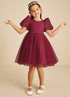 Azazie Blondie Final Sale Burgundy A-Line with Sleeves Tulle Dress image4