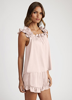 front Satin Convertible Ruffle Strap Pajama Set