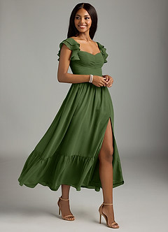 Azazie Anaya Bridesmaid Dresses Olive A-Line Pleated Chiffon Dress image3